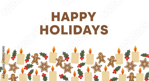 Warm Holiday Greetings with Festive Candle and Cookie Embellishments on a Clean White Canvas