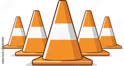 Five orange traffic cones with white reflective stripes arranged on a plain white background.