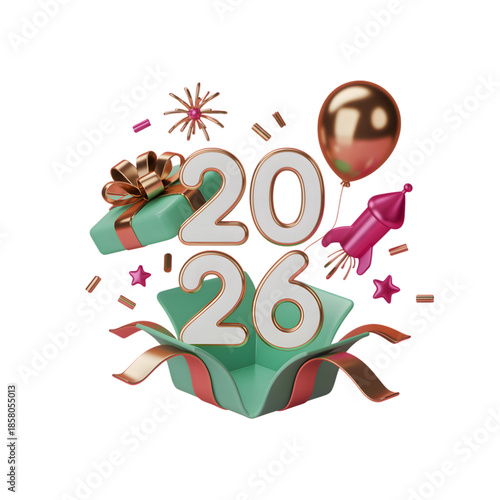 Festive three dimensional illustration revealing the vibrant year two thousand twenty six emerging from an opened gift box with celebratory elements on transparent background