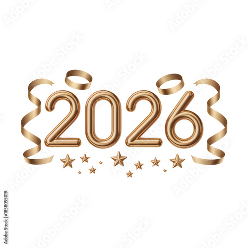 Three dimensional rendering of the metallic gold year 2026 numerals surrounded by flowing ribbons and decorative shining stars on transparent background