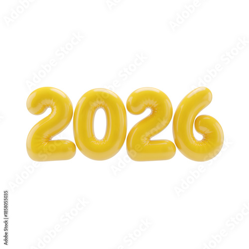 Bright yellow inflatable balloon numbers spelling out the year twenty twenty six ready for a festive celebration on transparent background