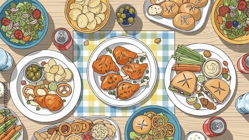 Delicious food spread with chicken wings and salads overhead view.