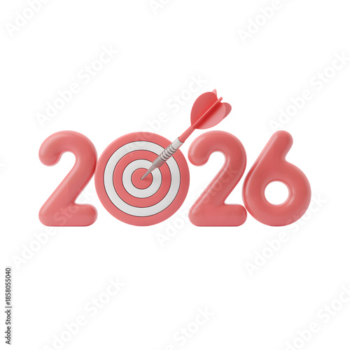 Three dimensional rendering of the year twenty twenty six with a dart hitting the bullseye symbolizing future goals and achievement on transparent background
