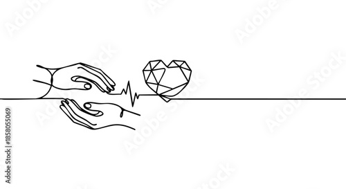 Continuous line drawing of hands cradling a geometric heart with an electrocardiogram lifeline on a white background representing care and life