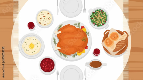 Delicious Thanksgiving Dinner Spread with Turkey and Sides.