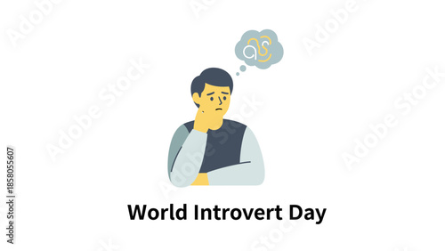 Illustration of a man thinking on World Introvert Day with a question mark in a thought bubble against a clean white background.