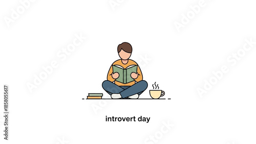 A young man sits cross-legged on the floor reading a book with a cup of coffee and another book nearby in a simple, solid white background.