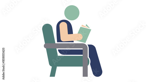 A person sits in a chair reading a book with a simple, flat design and muted green tones.