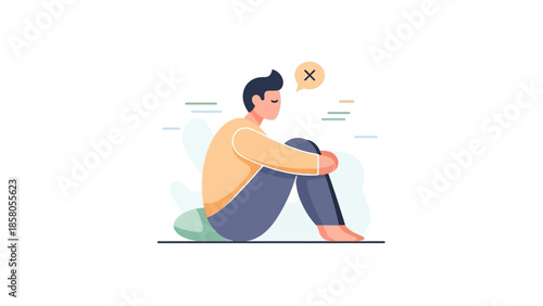 Illustration of a man sitting cross-legged with a worried expression and a thought bubble with an X above his head on a simple background.