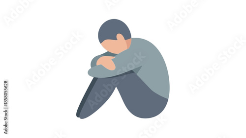 Illustration of a sad person sitting alone with their head down in a simple, flat style against a clean white background.