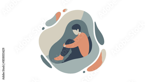 Illustration of a person sitting in a contemplative pose surrounded by abstract shapes in muted colors on a white background.