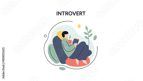 Illustration of a relaxed young woman sitting with a tablet in a calming environment with soft colors and plants.