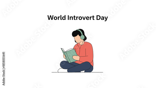 A young woman sits cross-legged on the floor, wearing headphones and reading a book on World Introvert Day against a plain white background.