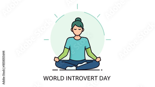 Illustration of a meditating person in lotus position with green hair and casual clothes on World Introvert Day against a simple background.