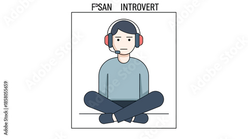 Illustration of a calm young man sitting cross-legged wearing headphones in a simple, flat design with a clean white background.