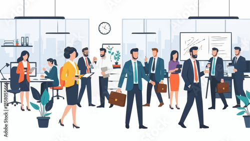 Diverse group of business professionals collaborating in a modern office environment.