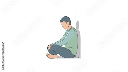 A man sits on the floor with his head bowed in a simple, flat illustration with muted colors.