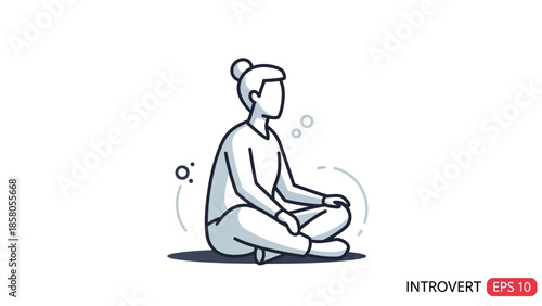 Minimalist line drawing of a meditating woman sitting cross-legged with a serene expression and thought bubbles, set against a clean white background with a simple composition.