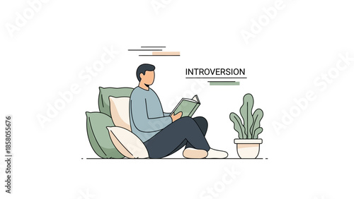 A man sits on a green couch with a laptop and a potted cactus nearby, conveying introversion in a minimalist setting.
