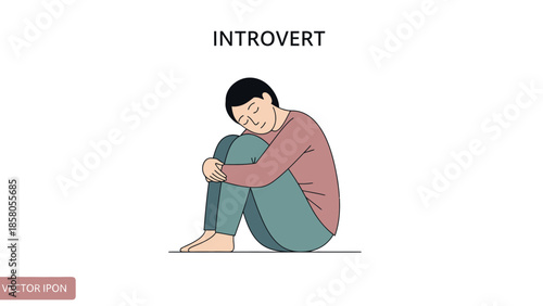 Illustration of a sad young woman sitting alone on the floor with her head down, wearing a pink shirt and green pants on a white background with a shallow focus.