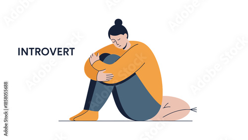 Illustration of an introverted person sitting alone with arms crossed on a white background with a contemplative mood.