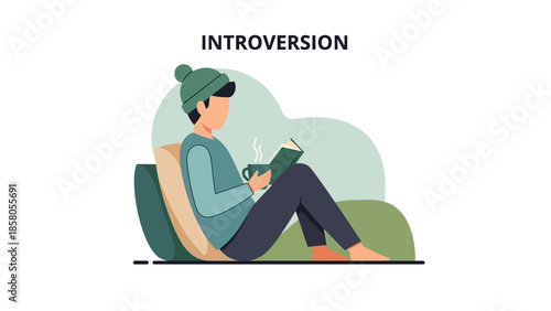 Illustration of a relaxed young woman sitting with a book and cup in a cozy, casual setting with soft colors.