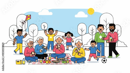 Diverse family enjoying a sunny picnic in the park with games and food.