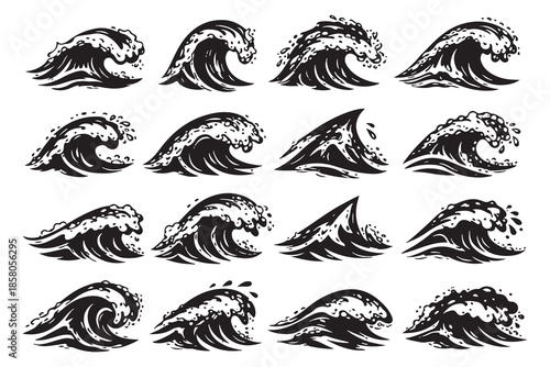 Set of 16 detailed ocean wave silhouettes in bold black flat vector style with dynamic curls, splashes, and motion lines, isolated on white.