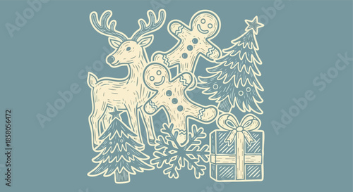 Whimsical festive illustration featuring a deer gingerbread cookies christmas trees and a gift box on a subtle background creating holiday cheer