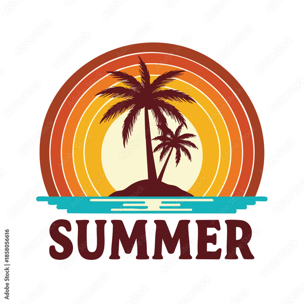 Fototapeta premium Palm trees on a tropical island with a retro sunset and summer typography graphic illustration perfect for seasonal branding