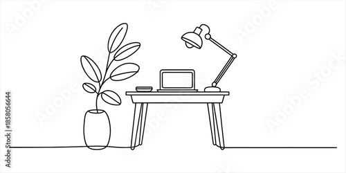 Continuous line drawing of a minimalist home office workspace setup Vector, illustration