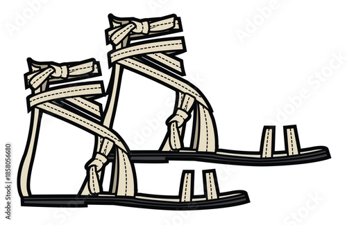 Caligae sandals design technical flat sketch vector mockup template.