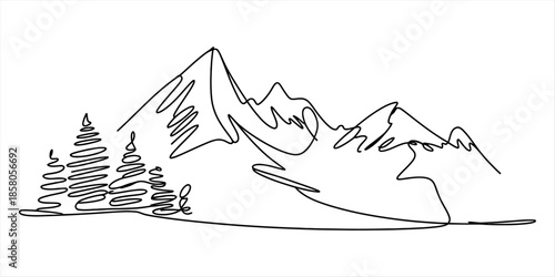 Continuous line art drawing of mountain peaks and evergreen trees on a white background Vector, illustration