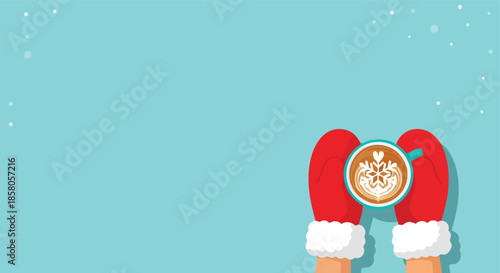 Cozy winter beverage held in red mittens against a soft blue sky with falling snow