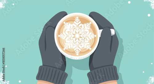 Cozy winter beverage with intricate snowflake latte art held by gloved hands against a soft blue backdrop
