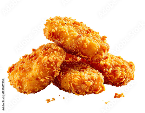 Crispy golden fried chicken nuggets piled high on a white background.