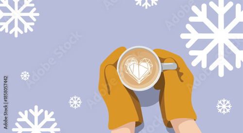 Hands wearing winter gloves holding a hot coffee cup with latte art heart design on a snowy background