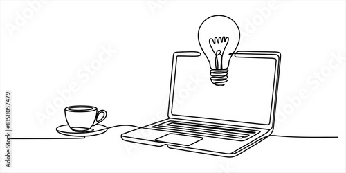 A single continuous line drawing illustrating the connection between coffee, work, and an idea Vector, illustration