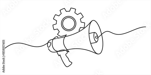 Continuous line drawing of a megaphone and a gear representing systematic communication Vector, illustration