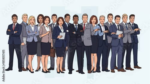 Diverse group of business professionals standing together in a studio setting.