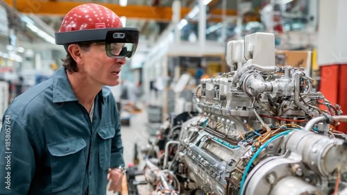 The Tech-Savvy Technician: A skilled technician, equipped with advanced augmented reality glasses, inspects a complex engine in a modern industrial setting.