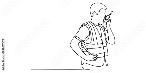 A continuous line drawing of a worker in a safety vest talking on a walkie-talkie. Vector, illustration