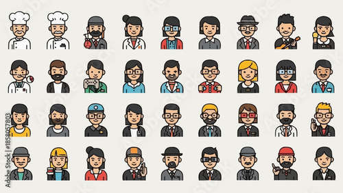 Diverse Group of Cartoon People Avatars Representing Various Professions.