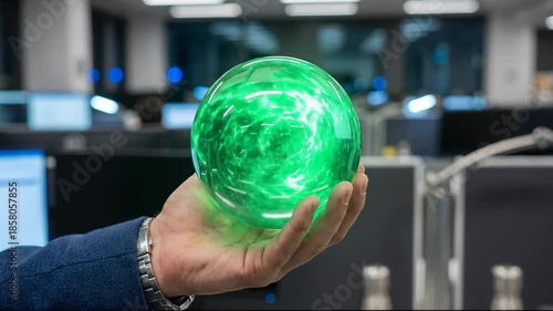 Person Holds Glowing Orb Sphere With Green Energy in Office Setting