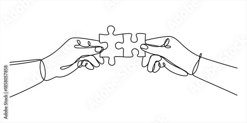 A continuous line drawing illustrating two hands bringing puzzle pieces together to symbolize teamwork and solution Vector, illustration