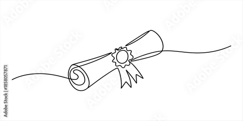 Continuous line drawing of a rolled diploma or certificate scroll with a seal Vector, illustration