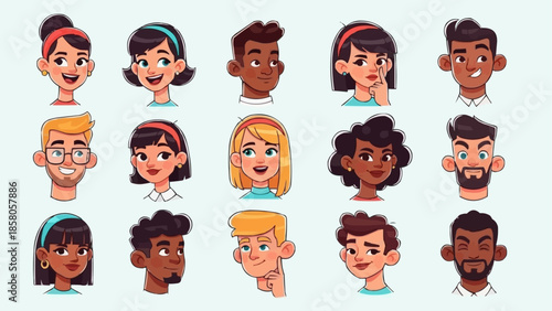 Diverse Group of Cartoon People Faces with Different Emotions.