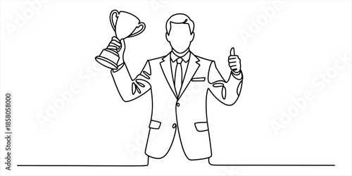 Continuous line drawing of a businessman celebrating his success by holding up a trophy Vector, illustration