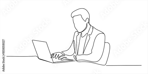 Continuous line drawing of a businessman sitting and working on a laptop at a desk with focused expression Vector, illustration