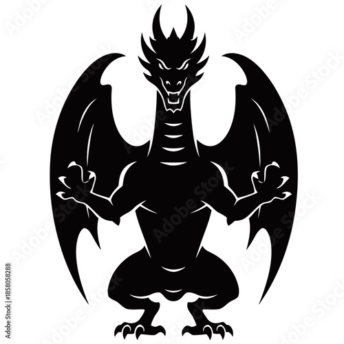 A powerful black dragon silhouette with large wings and sharp claws, depicted in a fierce, aggressive stance.